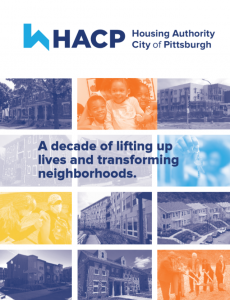 Cover of the brochure that has various pictures of housing and residents with orange and blue overlay, along with text that reads "A decade of lifting up lives and transforming neighborhoods."