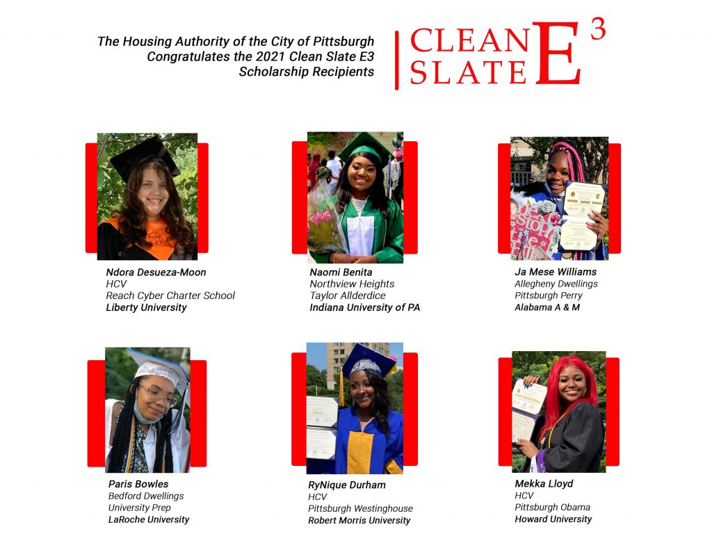 Photo collage showing graduation photos of the 2021 Clean Slate E3 recipients: Ndora Desueza-Moon, Naomi Benita, Ja Mese Williams, Paris Bowles, Rynique Durham, and Mekka Lloyd