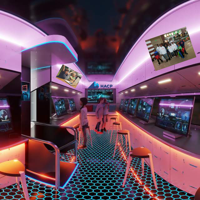 Rendering of the interior of the bus, showing the computer stations lining the sides