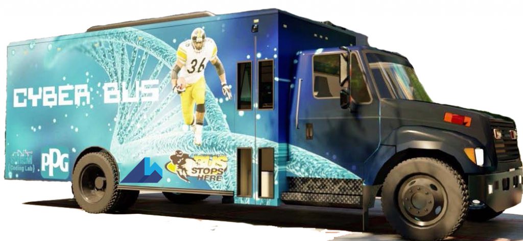 Rendering of the Cyberbus. It is blue with a picture of Jerome Bettis and "CyberBus" on the side