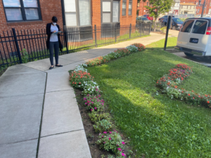 KaBloom judges walk on the sidewalk and look at the the flowers planted alongside it